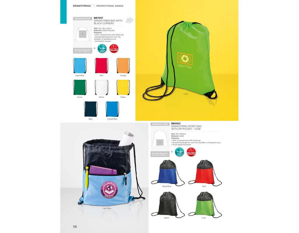 Drawstring Sport Bag with Zip Pocket - 210D